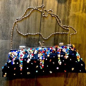 Vintage evening bag, beaded w/ rhinestones on handle, metal chain shoulder strap